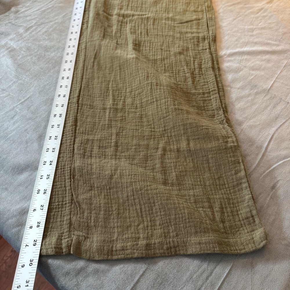 One5One Womens Wide Leg Pants XL Olive Green Cotton Gauze Crinkle Coastal Boho - Picture 8 of 8